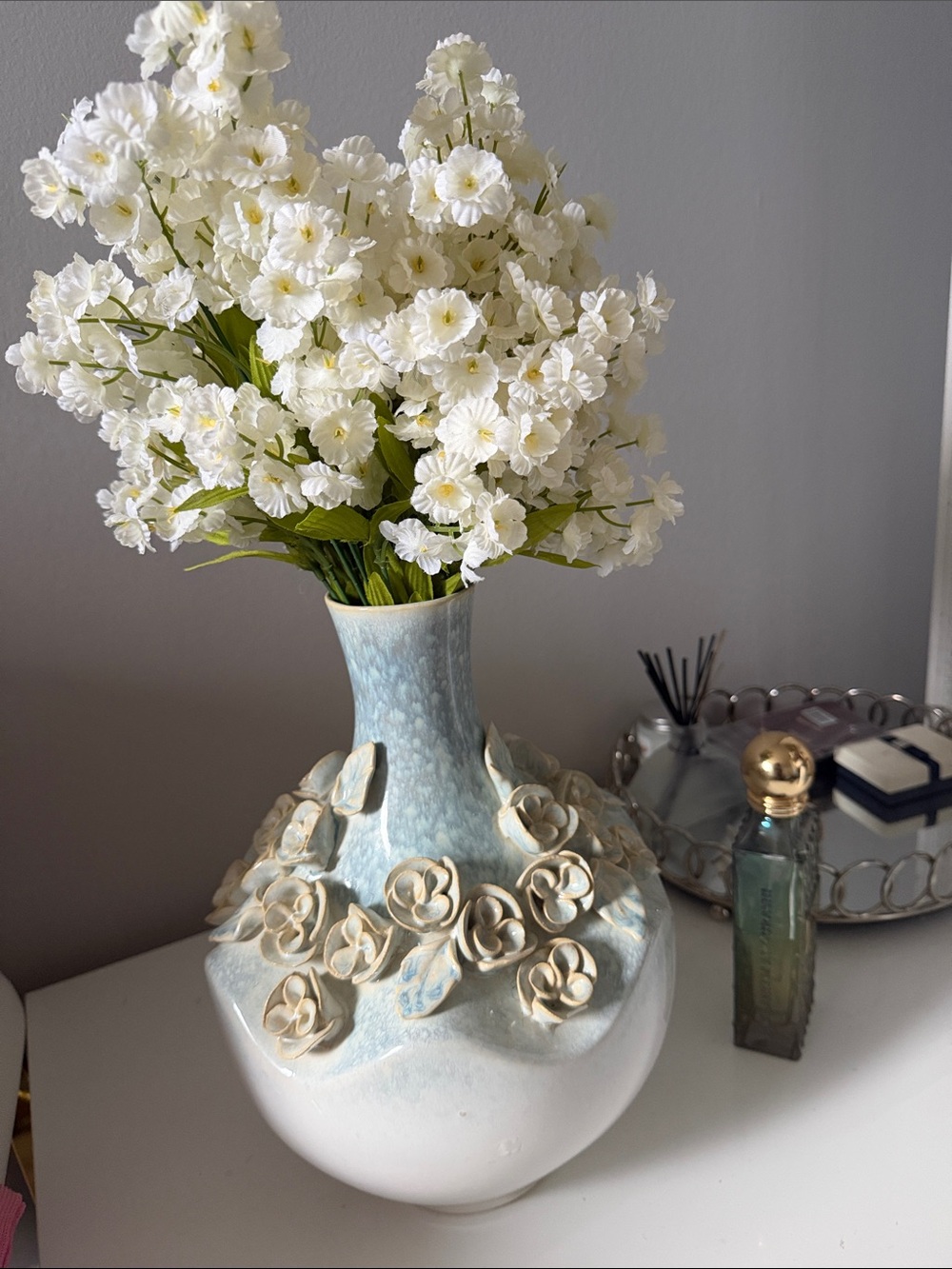 Handcrafted Ceramic Floral Vase in Light Blue and White